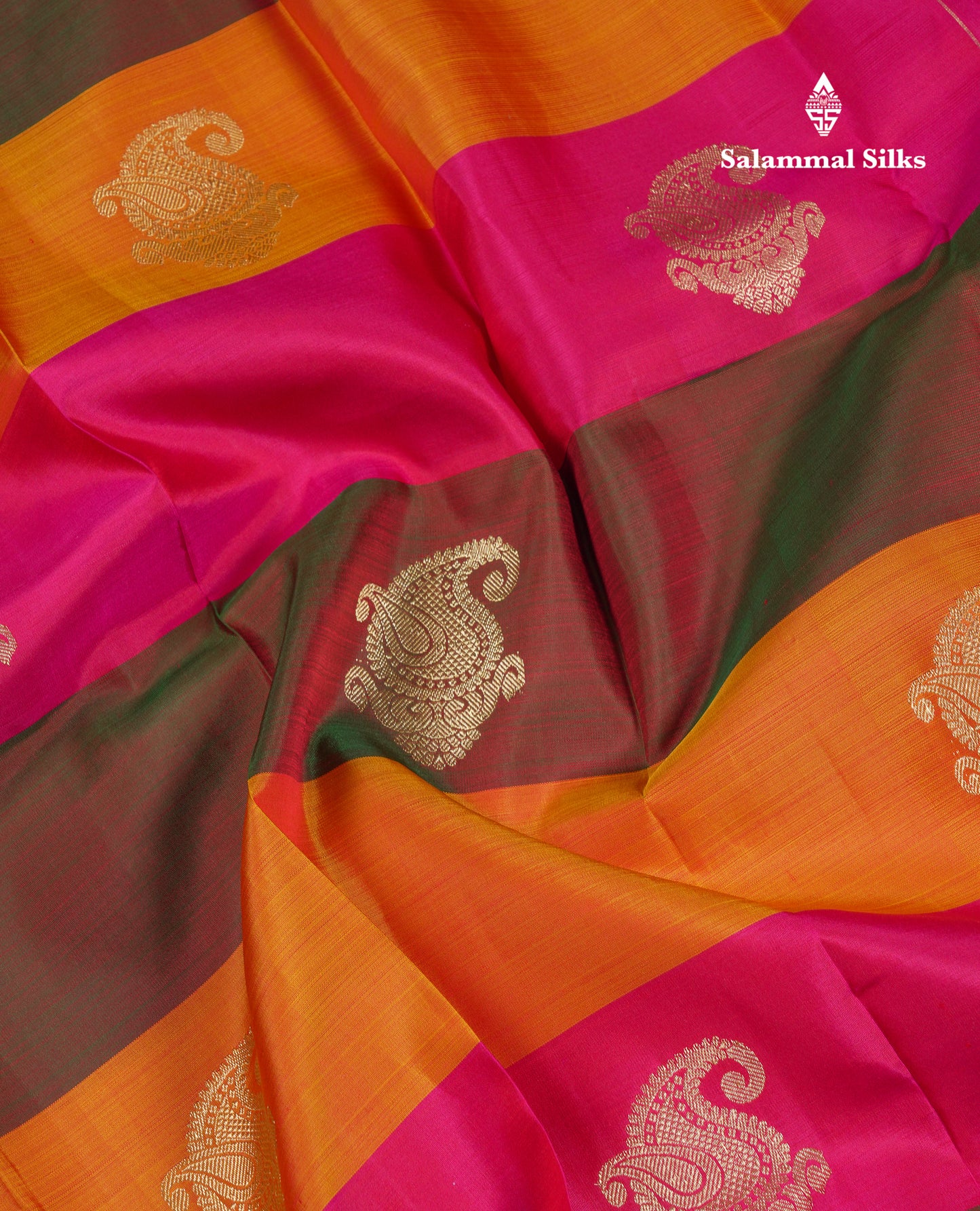 Beautiful Paalum Pazham Lines With Butta Pure Kanjivaram Silk Saree With Contrast Pink Traditional Evening Morning Border