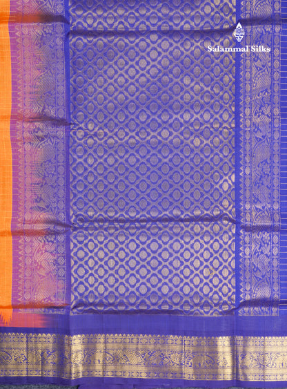 Mustard Yellow Small Zari Checks With Butta Pure Silk Cotton Saree With Contrast Violet Traditional Border