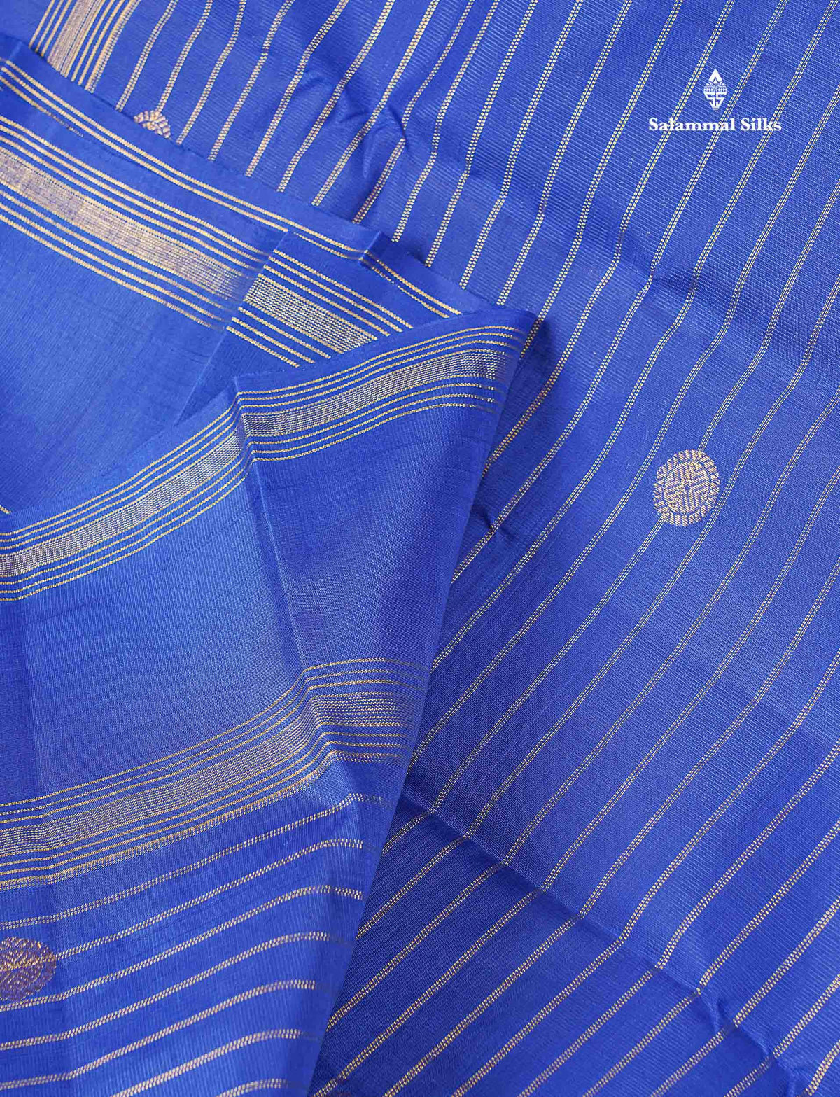 Pure Kanjivaram Silk Saree - Royal Blue Colour Body Horizontal Zari Lines With Traditional Butta & Gap Border