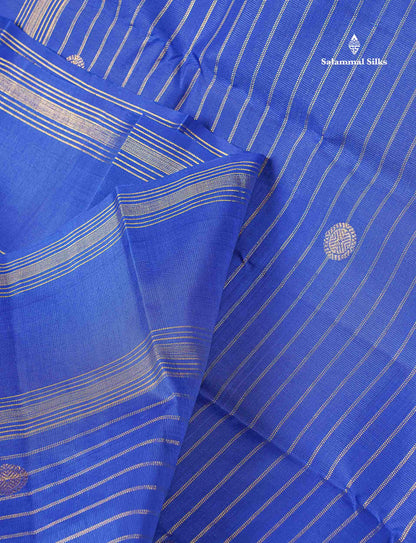 Pure Kanjivaram Silk Saree - Royal Blue Colour Body Horizontal Zari Lines With Traditional Butta & Gap Border