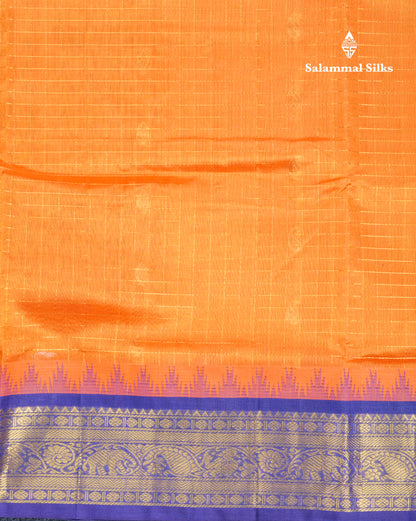 Mustard Yellow Small Zari Checks With Butta Pure Silk Cotton Saree With Contrast Violet Traditional Border
