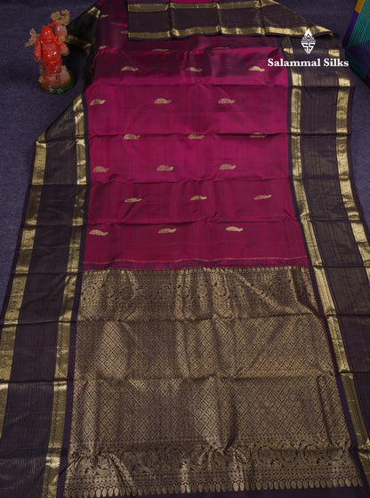 Beautiful Magenta Pure Kanjivaram Silk Saree With Contrast Dark Brown Traditional Border
