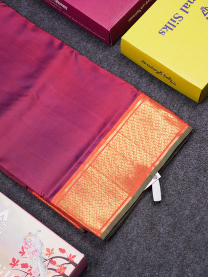 Beautiful Dual Tone Magenta 10 Yards Pure Silk Saree With (5inch) Contrast Orange Traditional Border