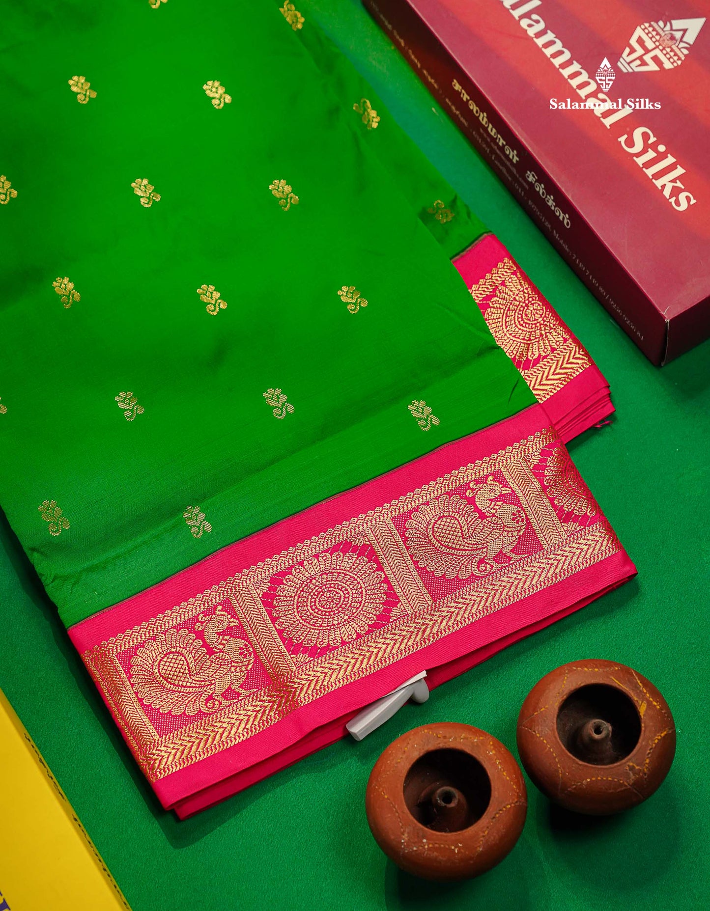 Semi Silk Saree - Green Colour Body Zari Butta With Contrast Pink Traditional Border | 10.5 Yards 