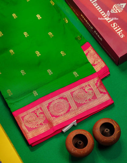 Semi Silk Saree - Green Colour Body Zari Butta With Contrast Pink Traditional Border | 10.5 Yards 