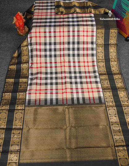 Pure Kanjivaram Silk Saree - Burberry Checks With Contrast Black Traditional Rettapet Border