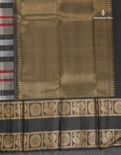 Pure Kanjivaram Silk Saree - Burberry Checks With Contrast Black Traditional Rettapet Border