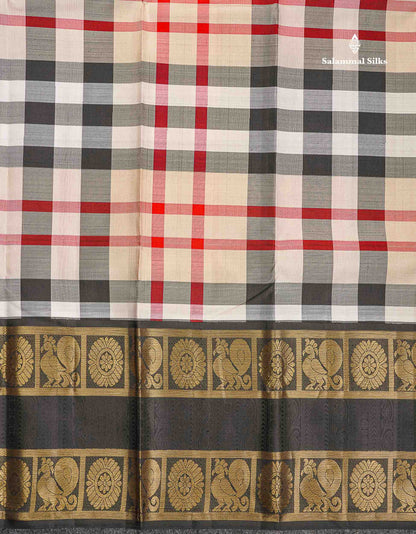 Pure Kanjivaram Silk Saree - Burberry Checks With Contrast Black Traditional Rettapet Border