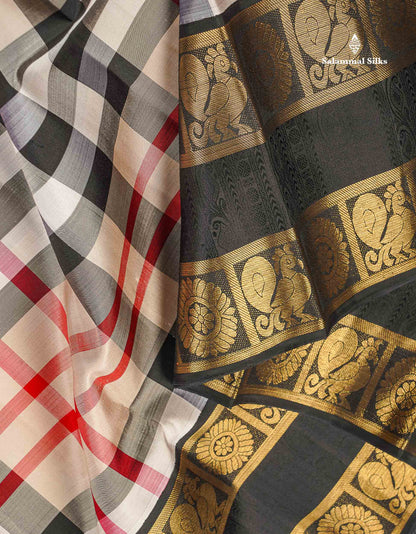Pure Kanjivaram Silk Saree - Burberry Checks With Contrast Black Traditional Rettapet Border