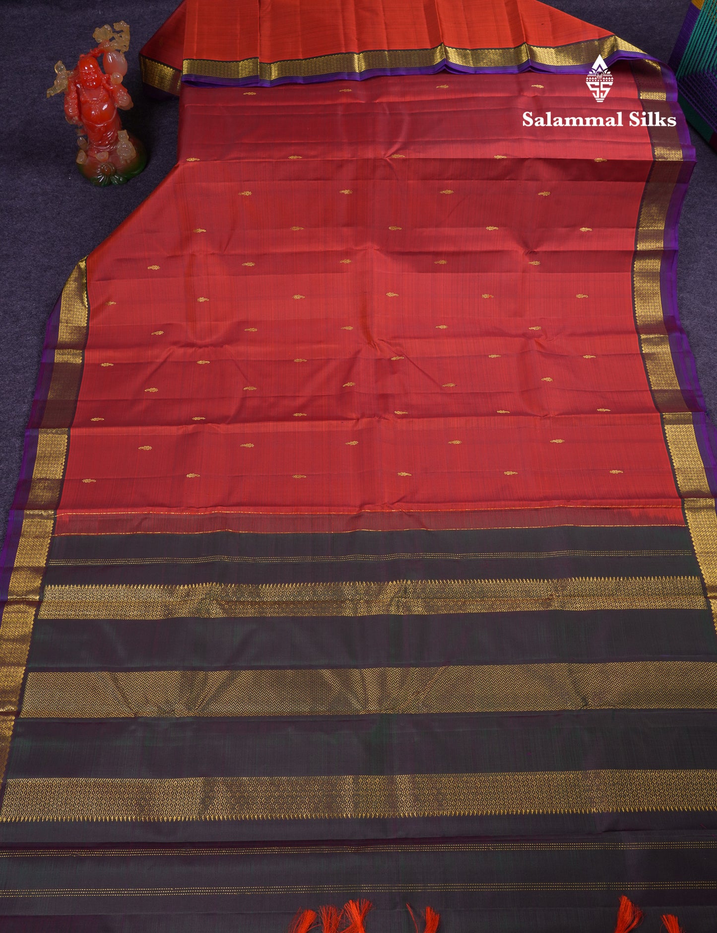 Beautiful Rust Orange Pure Kanjivaram Silk Saree With Contrast Bottle Green Traditional Samll Border