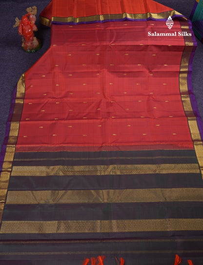 Beautiful Rust Orange Pure Kanjivaram Silk Saree With Contrast Bottle Green Traditional Samll Border