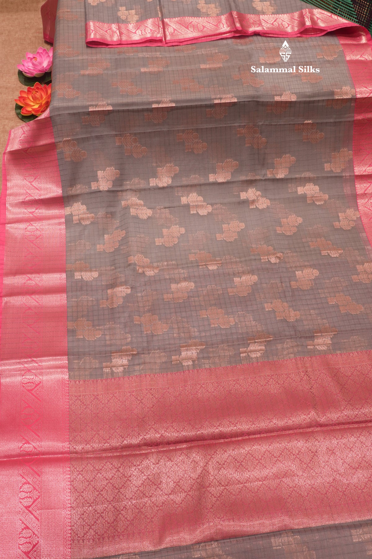 Grey Colour Fancy Semi Silk saree With Contrast Pink Border