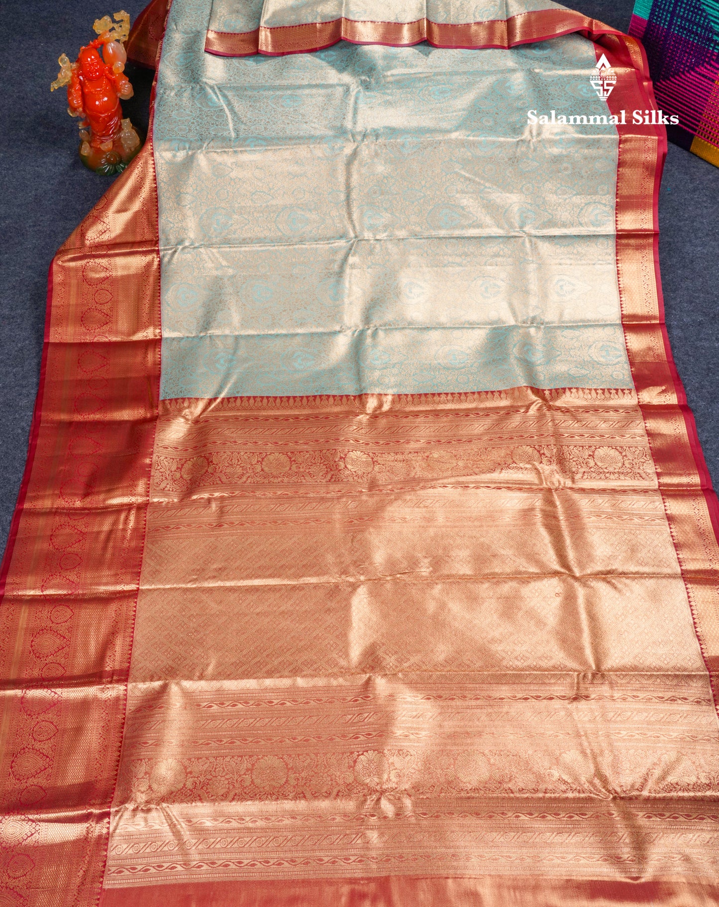 Pastel Blue Bridal Tissue Semi Silk Saree With Contrast Maroon Long Border