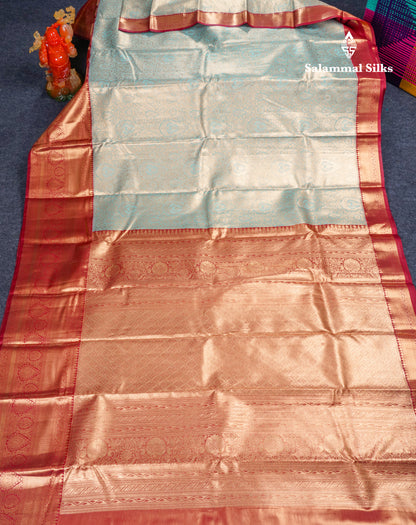 Pastel Blue Bridal Tissue Semi Silk Saree With Contrast Maroon Long Border