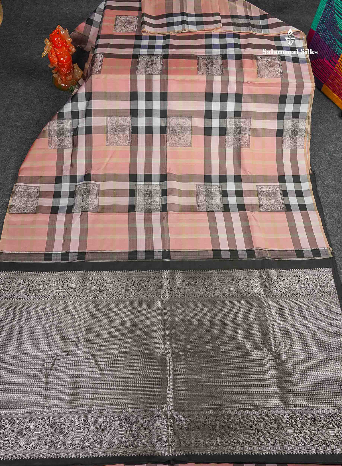 Pure Kanjivaram Silk Saree - Burberry Checks With Contrast Black Blouse
