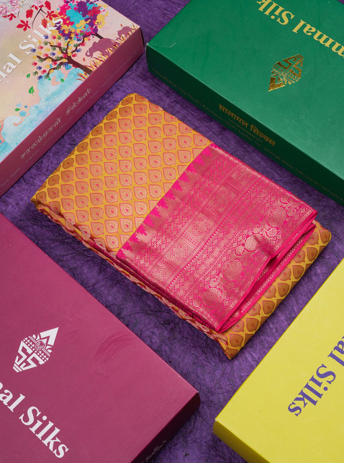 Dual Tone Mango Yellow Bridal Pure Kanjivaram Silk Saree With Contrast Pink Border