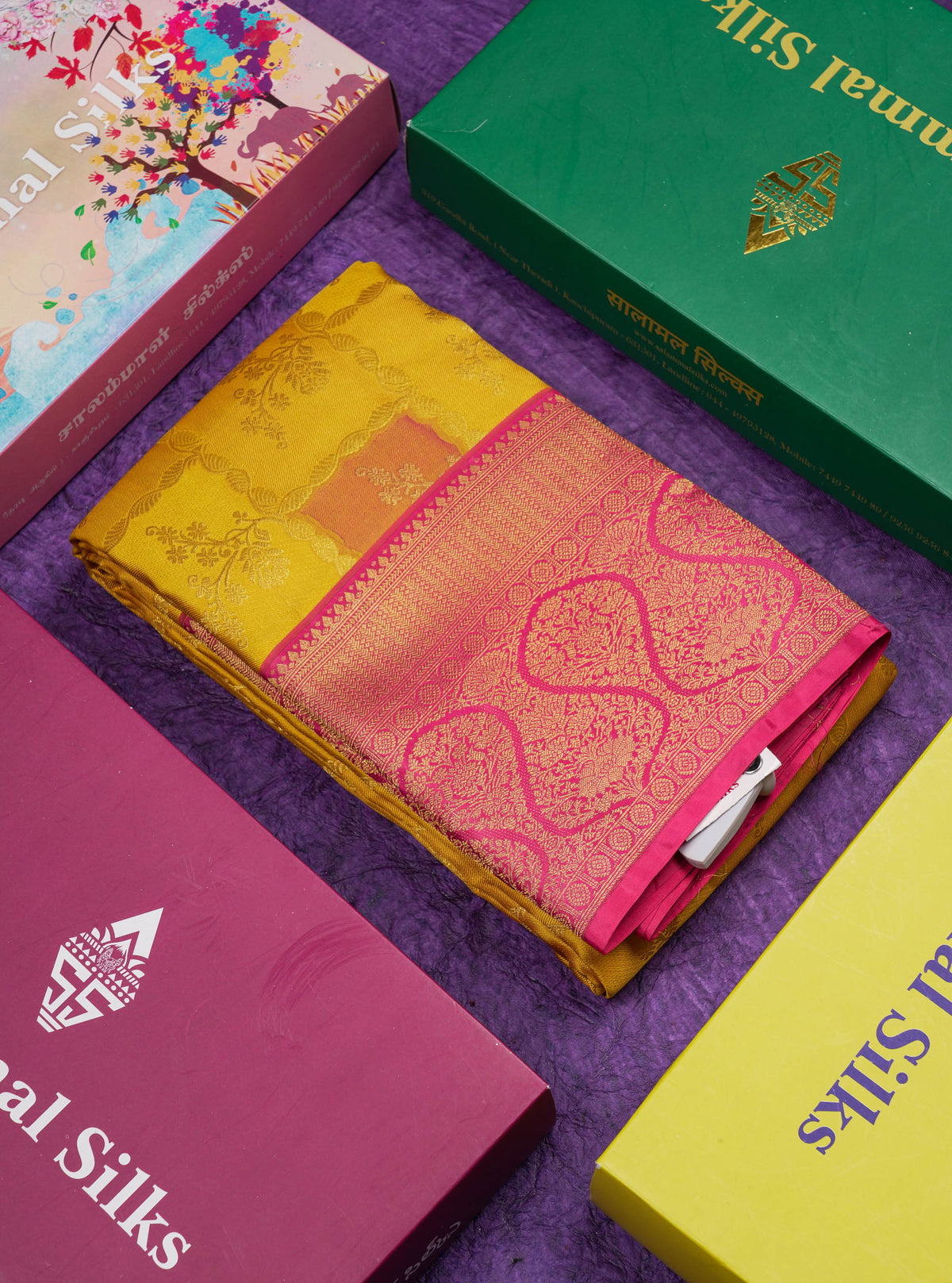 Mustard Yellow Fancy Bridal Pure Kanjivaram Silk Saree With Contrast Pink Border