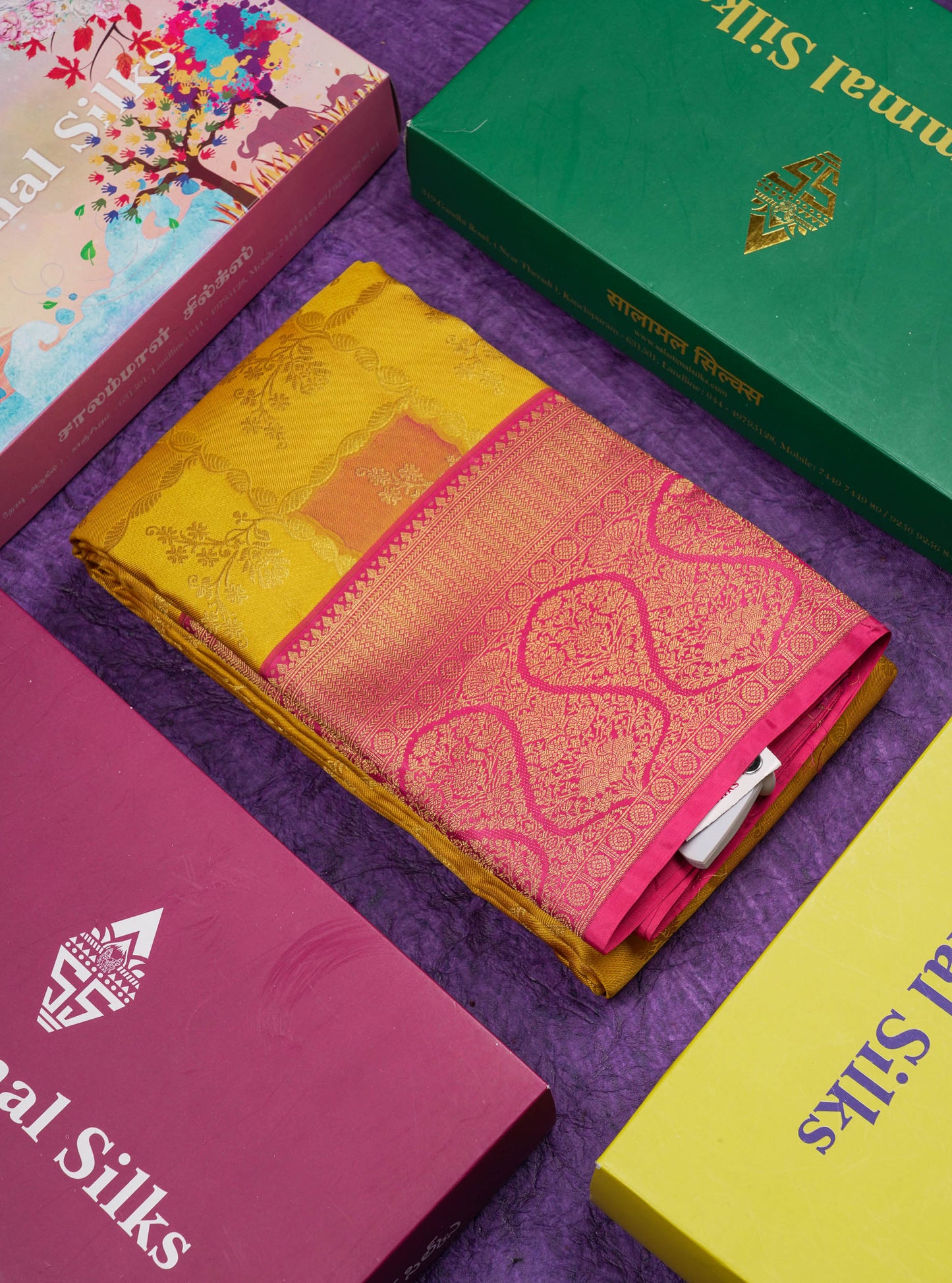 Mustard Yellow Fancy Bridal Pure Kanjivaram Silk Saree With Contrast Pink Border
