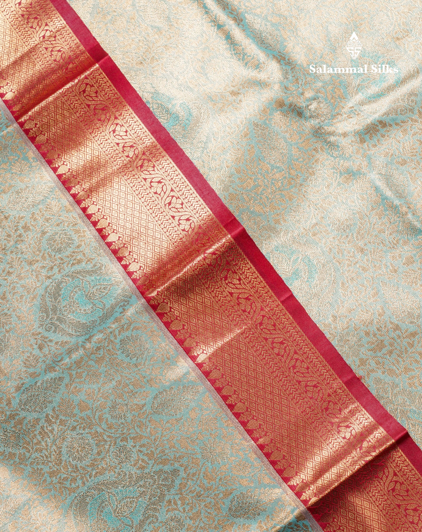 Pastel Blue Bridal Tissue Semi Silk Saree With Contrast Maroon Long Border
