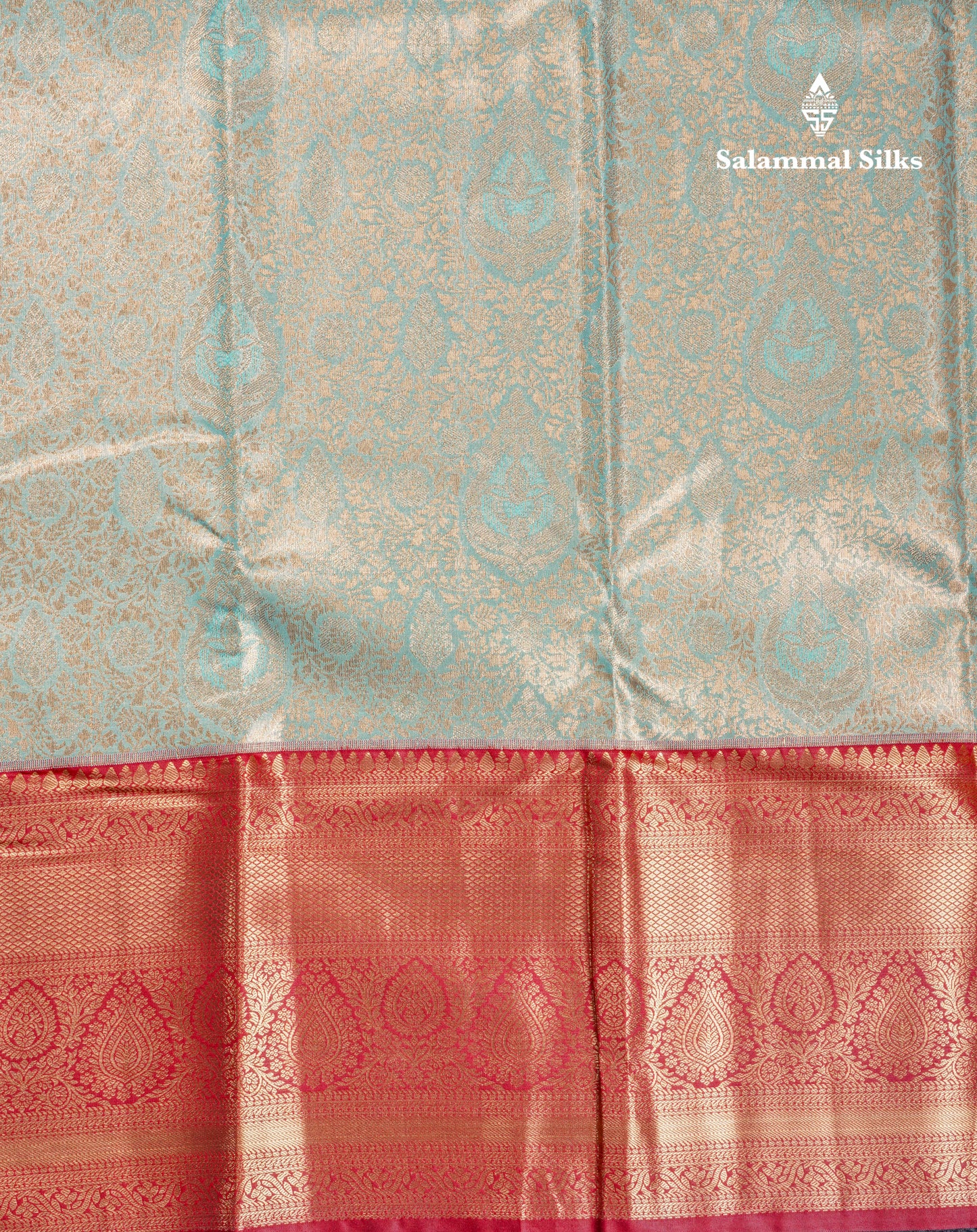 Pastel Blue Bridal Tissue Semi Silk Saree With Contrast Maroon Long Border
