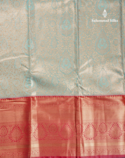 Pastel Blue Bridal Tissue Semi Silk Saree With Contrast Maroon Long Border