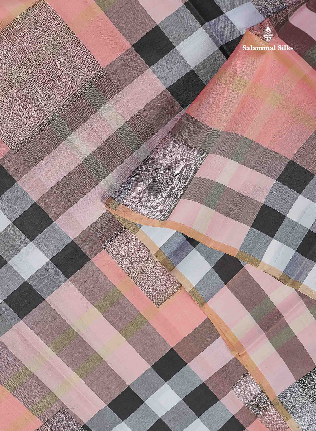 Pure Kanjivaram Silk Saree - Burberry Checks With Contrast Black Blouse