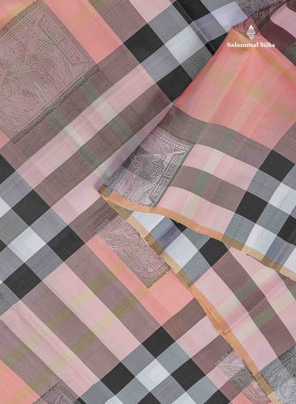 Pure Kanjivaram Silk Saree - Burberry Checks With Contrast Black Blouse