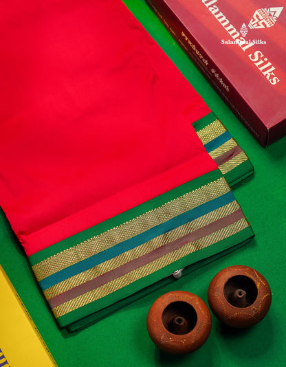 Semi Silk Saree - Chilly Red Colour Body Plain With Contrast Green Traditional Border | 10 Yards 