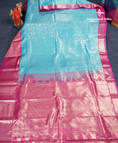 Sky Blue Bridal Semi Silk Saree With Contrast Magenta Pink Long Border