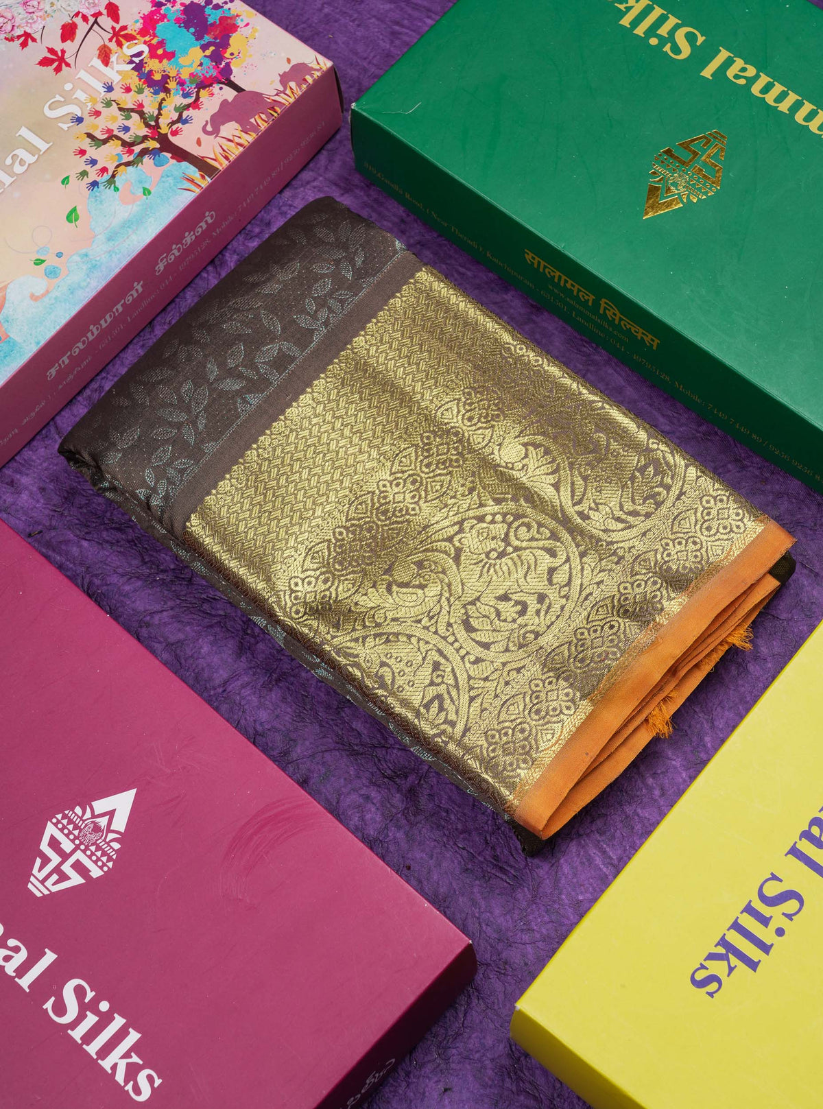 Dusky Brown Bridal Pure Kanjivaram Silk Saree With Contrast Orange Traditional Evening Morning Border
