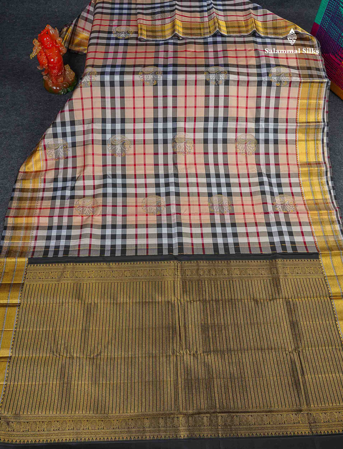 Pure Kanjivaram Silk Saree - Burberry Checks With Silver & Gold Zari Traditional Border
