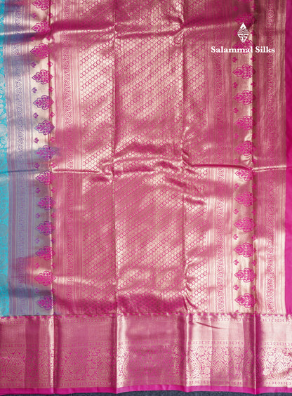 Sky Blue Bridal Semi Silk Saree With Contrast Magenta Pink Long Border