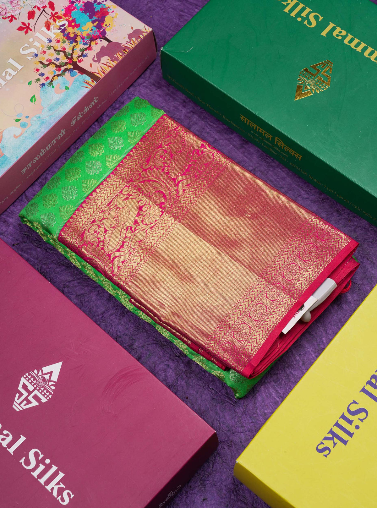 Parrot Green Bridal Pure Kanjivaram Silk Saree With Contrast Reddish Pink Traditional Evening Morning Border