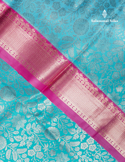Sky Blue Bridal Semi Silk Saree With Contrast Magenta Pink Long Border