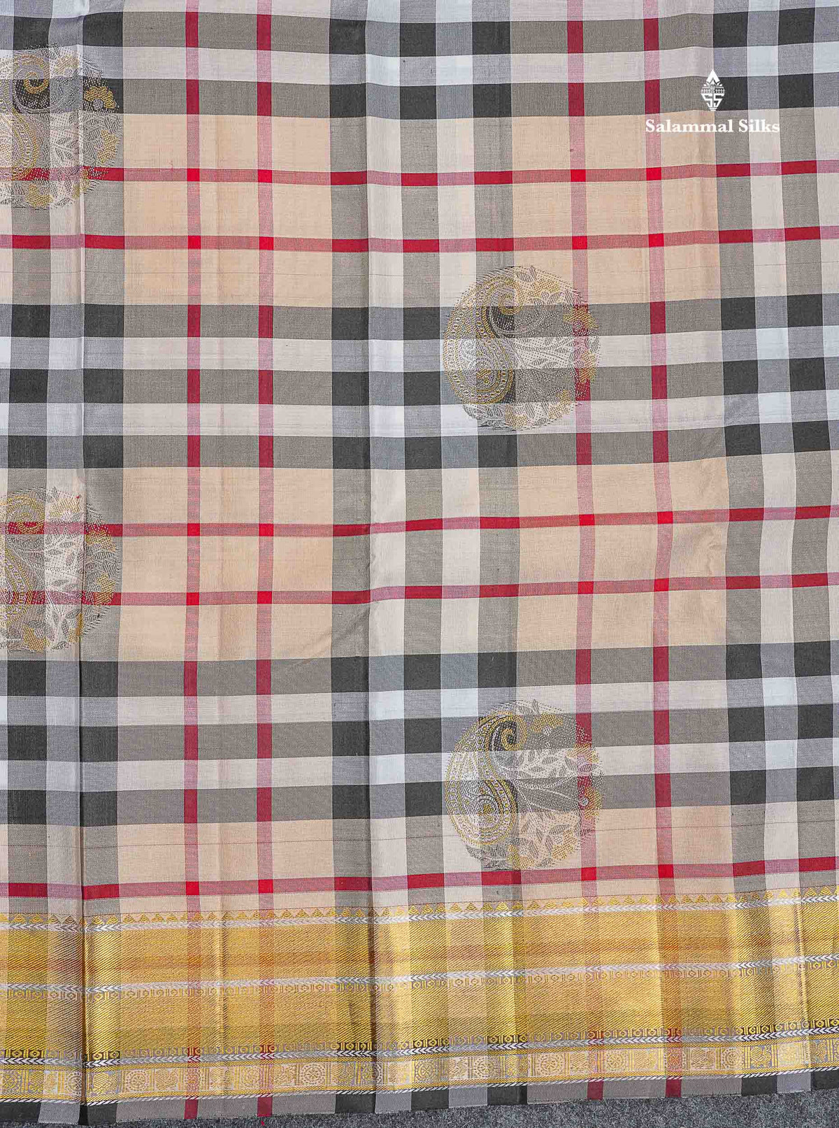 Pure Kanjivaram Silk Saree - Burberry Checks With Silver & Gold Zari Traditional Border