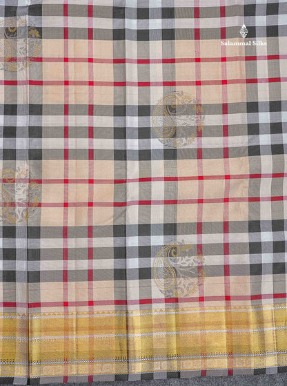 Pure Kanjivaram Silk Saree - Burberry Checks With Silver & Gold Zari Traditional Border