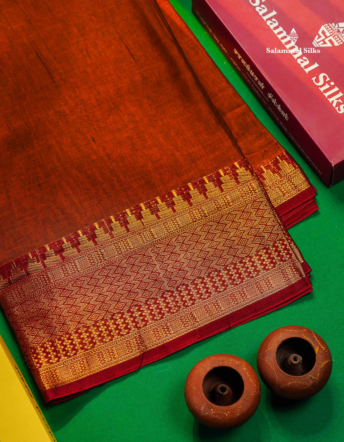 9 Yards Beautiful olive Brown Pure Cotton Saree With Gold Zari Border
