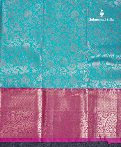 Sky Blue Bridal Semi Silk Saree With Contrast Magenta Pink Long Border