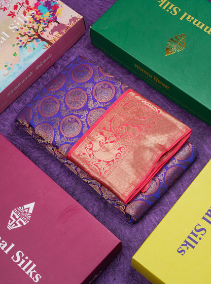 Dual Tone Purple Bridal Pure Kanjivaram Silk Saree With Contrast Tomato Red Border