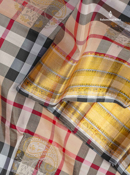 Pure Kanjivaram Silk Saree - Burberry Checks With Silver & Gold Zari Traditional Border