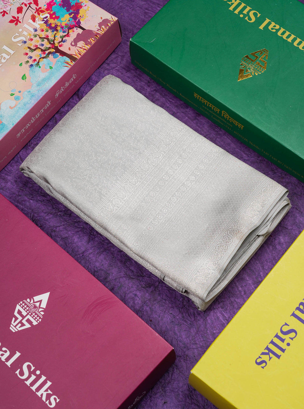 Light Grey Bridal 2G Pure Kanjivaram Silk Saree With Traditional Border