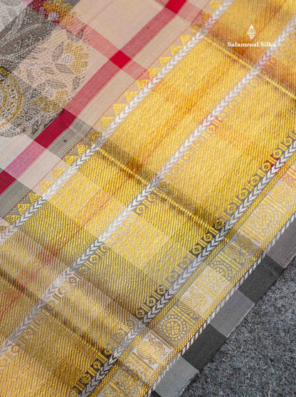 Pure Kanjivaram Silk Saree - Burberry Checks With Silver & Gold Zari Traditional Border