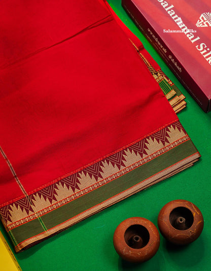 9 Yards Beautiful Reddish Pink Plain Pure Cotton Saree With Maroon Traditional Temple Border