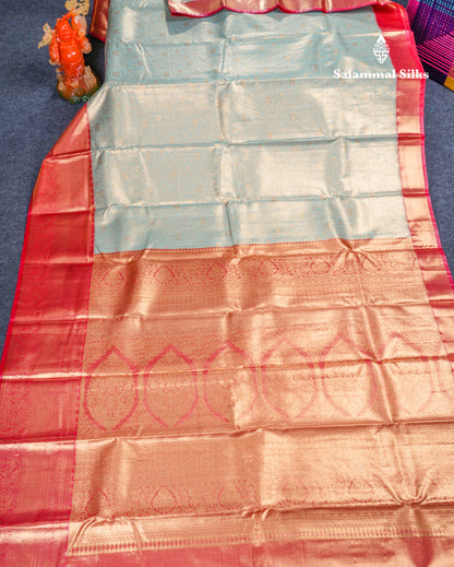 Pastel Blue Bridal Tissue Semi Silk Saree With Contrast Pink Long Border