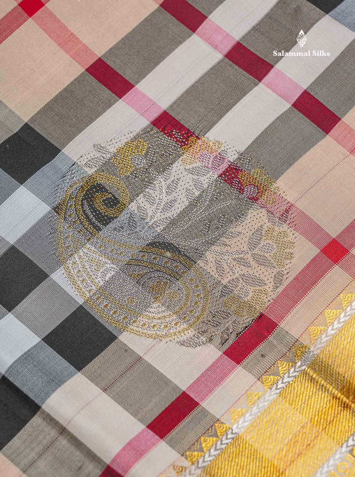 Pure Kanjivaram Silk Saree - Burberry Checks With Silver & Gold Zari Traditional Border