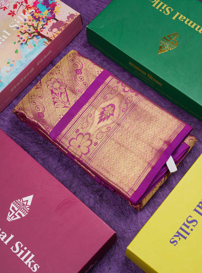 Dark Purple Tissue Bridal Pure Kanjivaram Silk Saree With Traditional Evening Morning Border