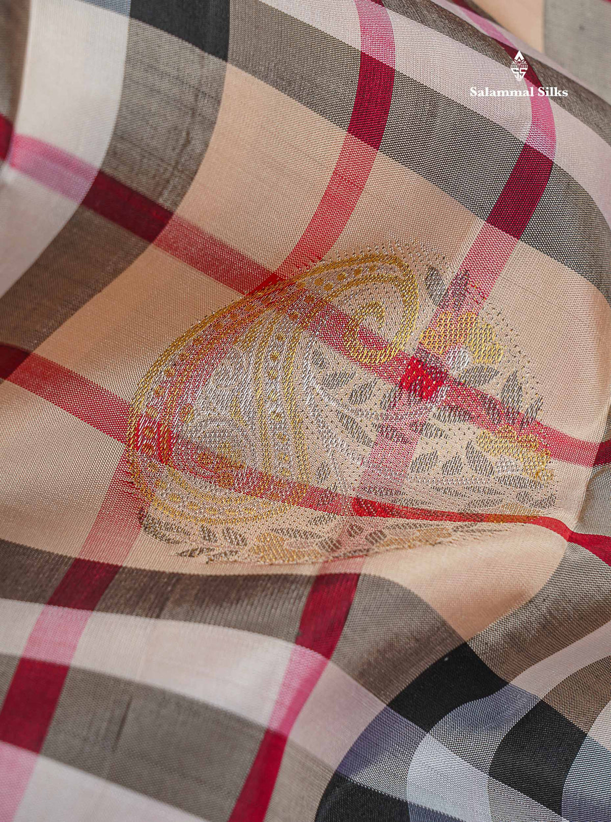 Pure Kanjivaram Silk Saree - Burberry Checks With Silver & Gold Zari Traditional Border