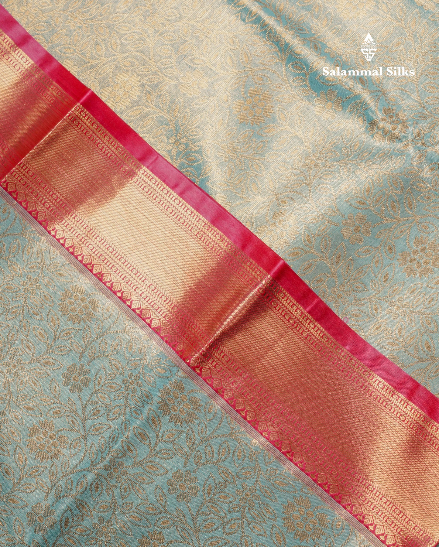 Pastel Blue Bridal Tissue Semi Silk Saree With Contrast Pink Long Border