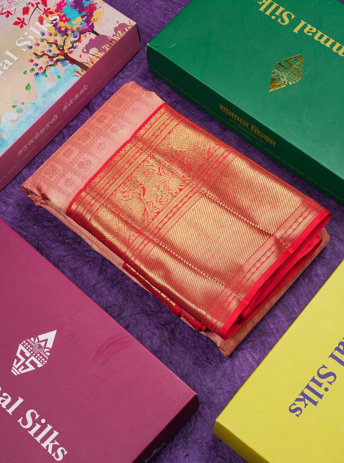 Korvai Beautiful Peach Checks With Butta Pure Kanjivaram Silk Saree Pure Zari with Contrast Chilly Red Traditional Evening Morning Border
