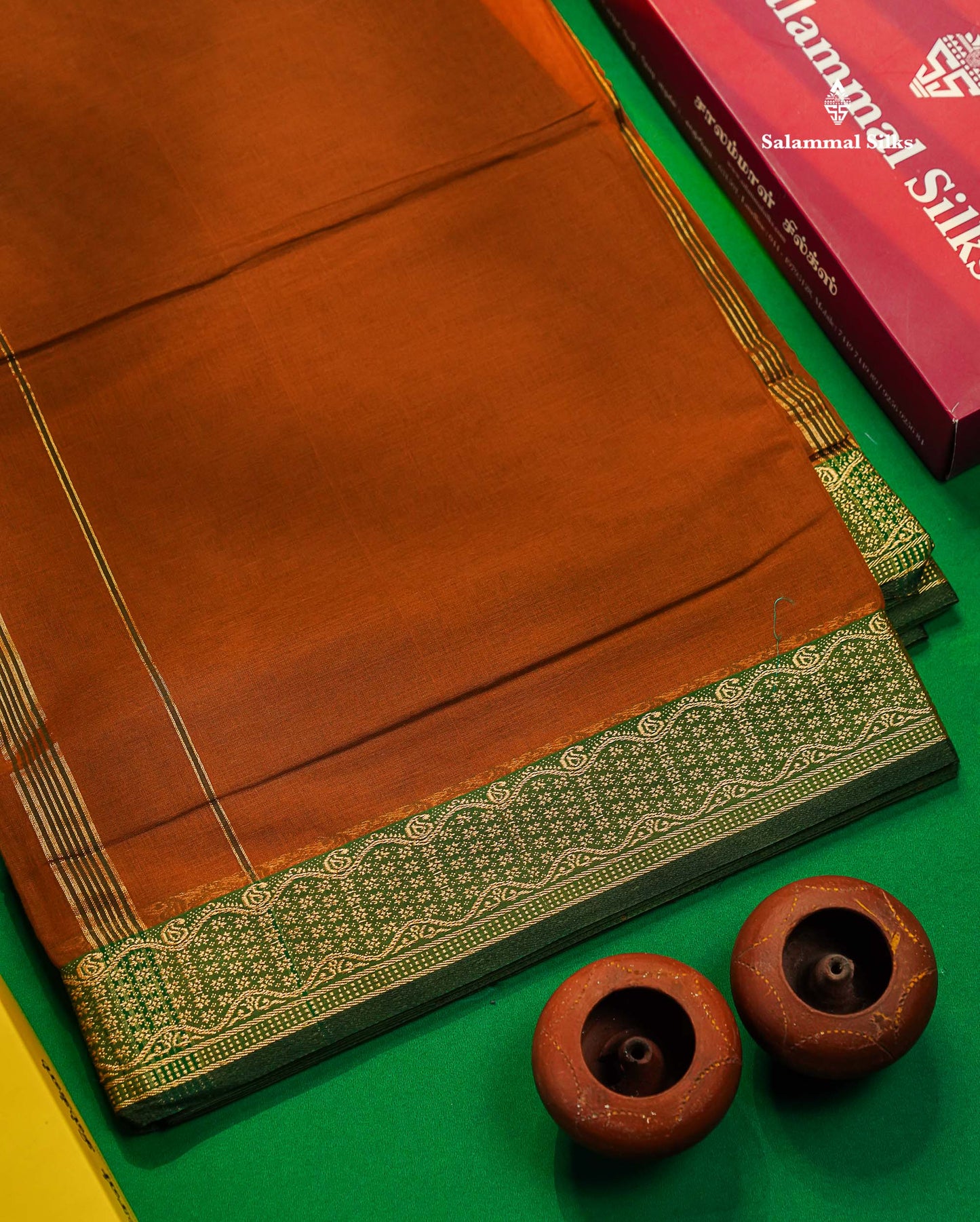 9 Yards Beautiful Light Brown Plain Pure Cotton Saree With Green Thread Work Border